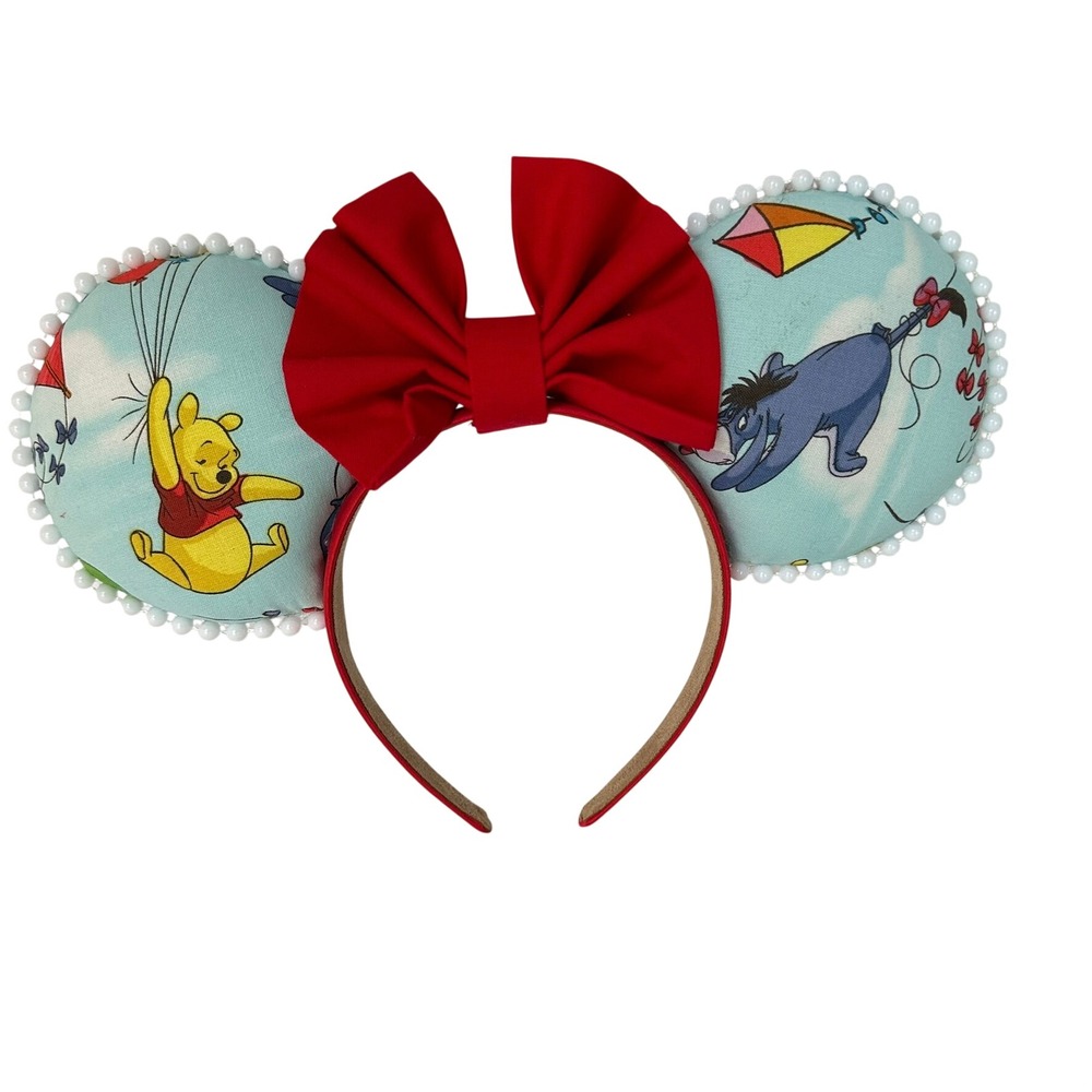 Winnie the Pooh and Friends Mouse Ears Headband Red Bow Pom Pom Trim Handcrafted